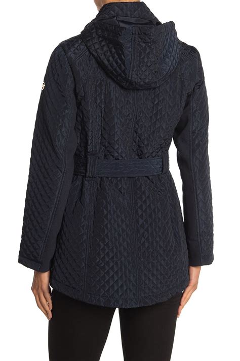 michael kors belted raincoat navy m|Michael Kors belted padded jacket.